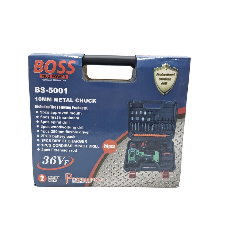 دریل چکشی شارژی صنعتی سه نظام فلزی 10 میلی متری 36 ولت باس مدل BS_5001 مجموعه 28 عددی