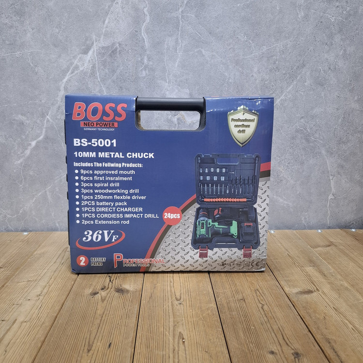دریل چکشی شارژی صنعتی سه نظام فلزی 10 میلی متری 36 ولت باس مدل BS_5001 مجموعه 28 عددی