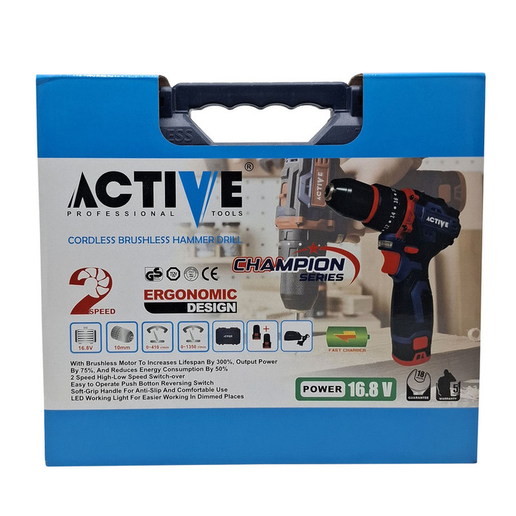 دریل چکشی شارژی براشلس 10میلی متری 16.8 ولت دو باتری اکتیو مدل AC_7816CH