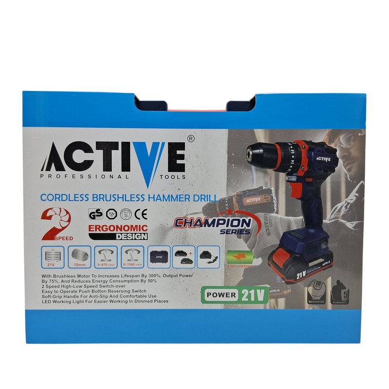 دریل چکشی شارژی براشلس 10میلی متری 21 ولت دو باتری اکتیو مدل AC_7821CH