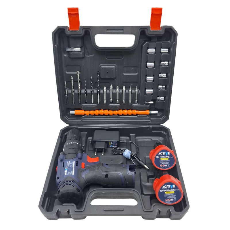 دریل چکشی شارژی 10 میلی متری 12 ولت دو باتری اکتیو مدل AC_3112BR کد 30 مجموعه 29 عددی
