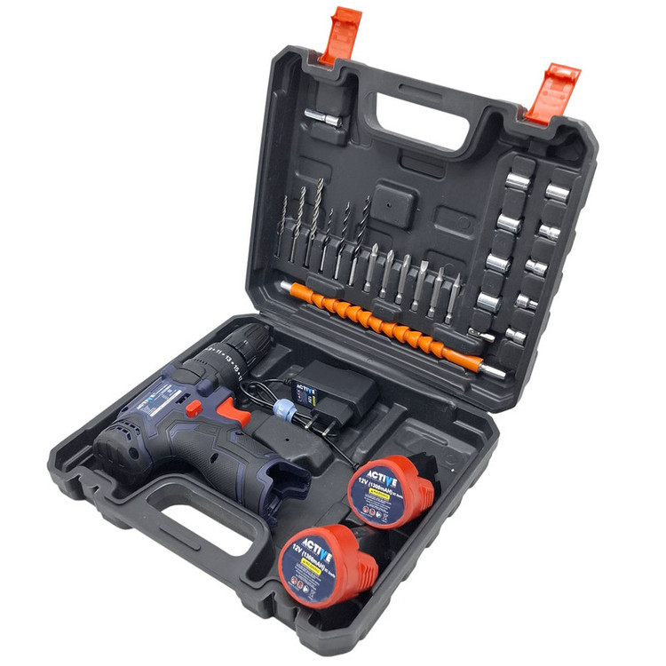 دریل چکشی شارژی 10 میلی متری 12 ولت دو باتری اکتیو مدل AC_3112BR کد 30 مجموعه 29 عددی
