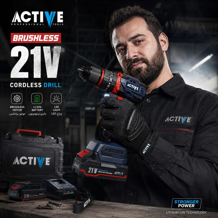 دریل چکشی شارژی براشلس 10میلی متری 21 ولت دو باتری اکتیو تولز مدل 21V/7821