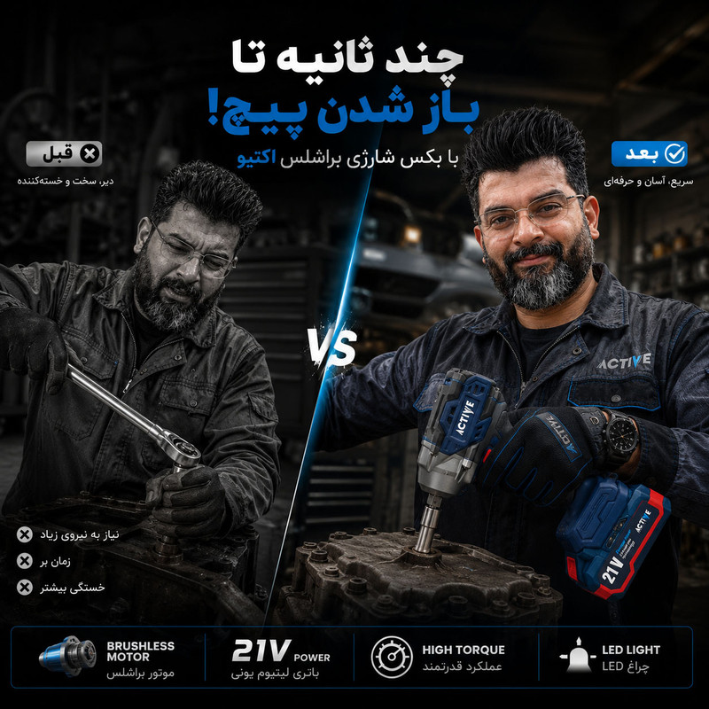 آچار بکس شارژی صنعتی 300 نیوتن تک باتری اکتیو مدل 7823\21V درایو 1/2 اینچ