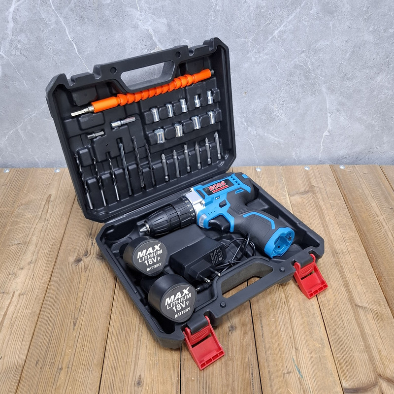 دریل پیچ گوشتی شارژی 10 میلی متری 18 ولت دو باتری باس مدل 18VF/LITHIUM کد 30 مجموعه 29 عددی