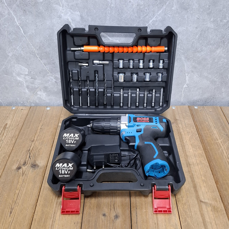 دریل پیچ گوشتی شارژی 10 میلی متری 18 ولت دو باتری باس مدل 18VF/LITHIUM کد 30 مجموعه 29 عددی