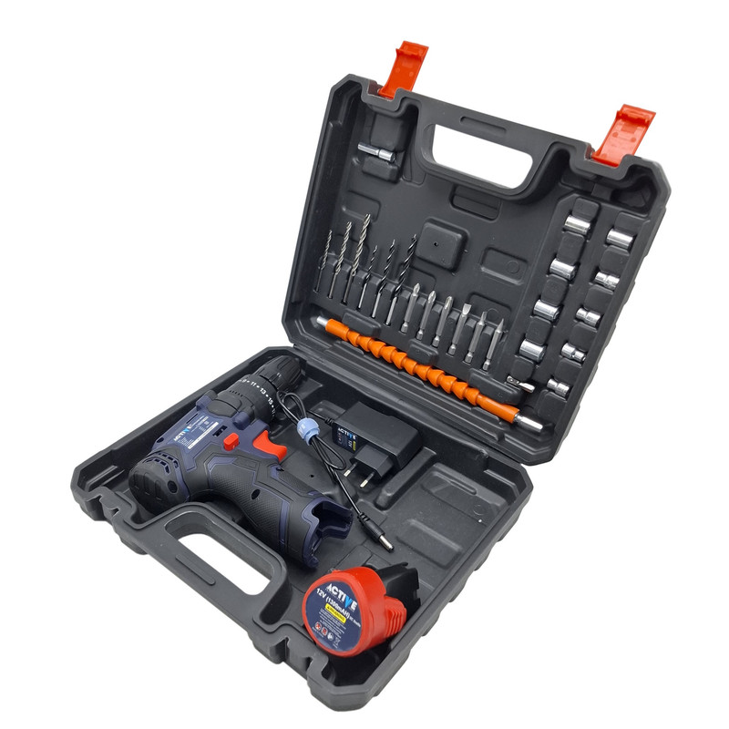 دریل چکشی شارژی صنعتی 10 میلی متری 12 ولت تک باتری اکتیو مدل 10mm کد 33 مجموعه 28 عددی