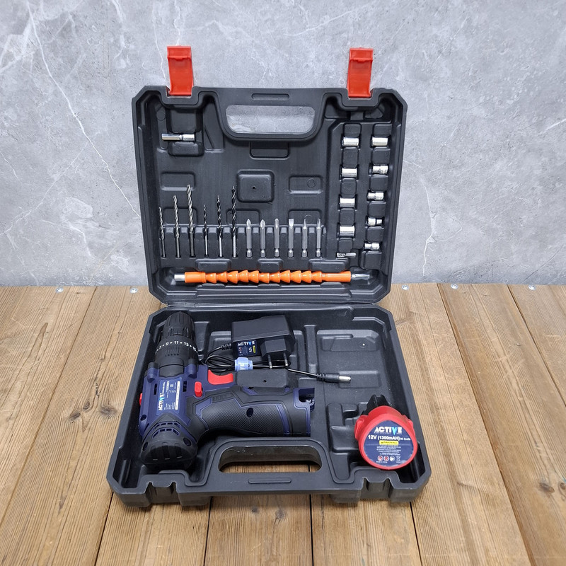 دریل چکشی شارژی صنعتی 10 میلی متری 12 ولت تک باتری اکتیو مدل 10mm کد 33 مجموعه 28 عددی