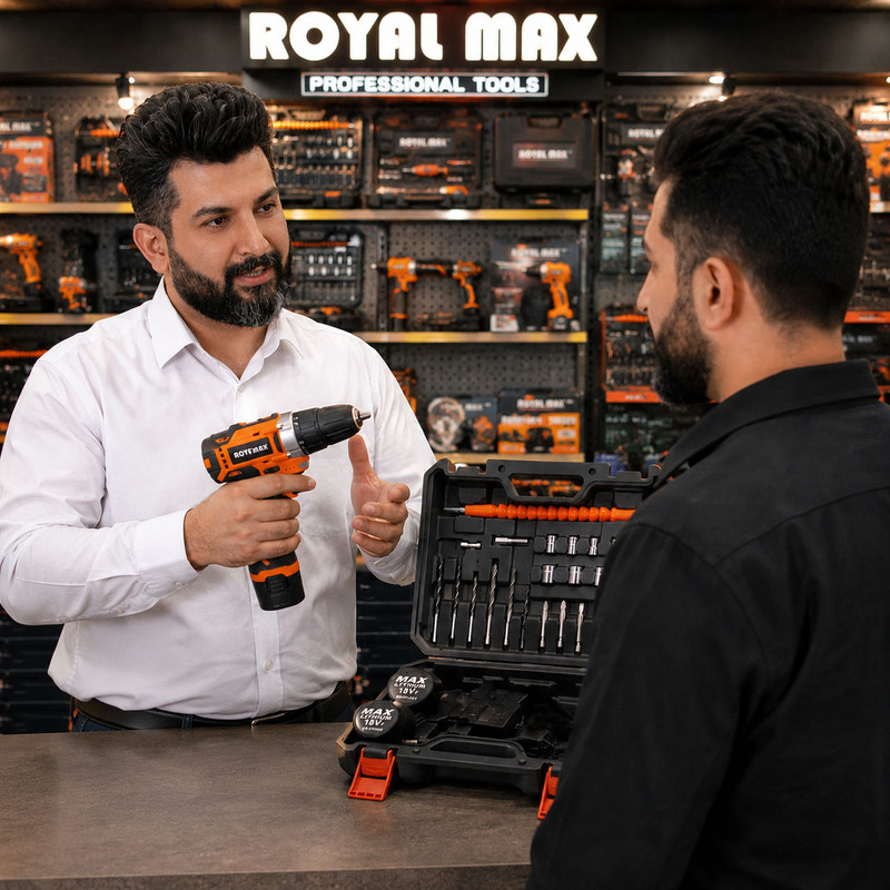 دریل پیچ گوشتی شارژی صنعتی 10 میلی متری 18 ولت دو باتری رویال مکس مدل 10MM کد 26 مجموعه 29 عددی