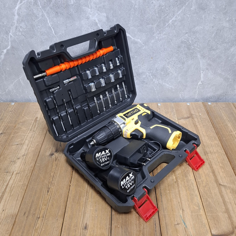دریل پیچگوشتی شارژی سهنظام خودکار 10 میلیمتری 18 ولت دو باتری تات ناد مدل 18V کد 22 مجموعه 29 عددی